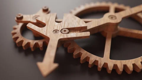 Looping animation of a mechanical construction made of wooden gears. Stock Footage 314044417