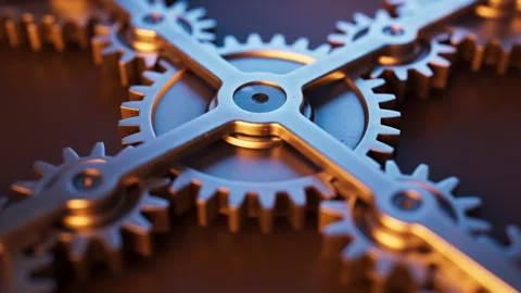 Looping animation of a mechanical structure made of metal gears. Stock Footage 308075692