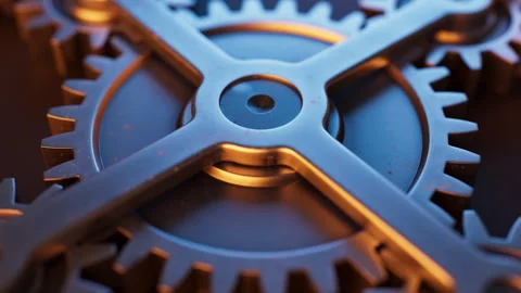 Looping animation of a mechanical structure made of metal gears. Stock Footage 310794521