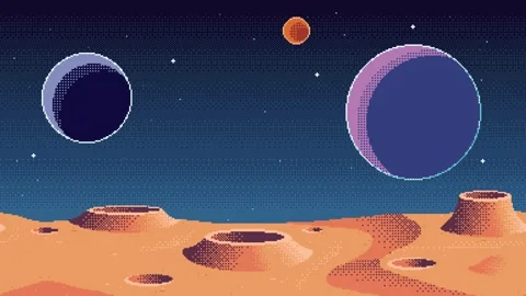 Looping animation of pixel art planet surface background with moons in the sky. Stock Footage 258235401