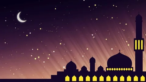 Looping animation of Silhouette of mosque in the evening with new moon Stock Footage 74758056