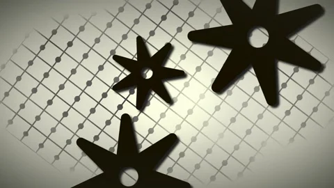 Looping animation of three dark cogs rotating across a patterned grid, with Stock Footage 345550734