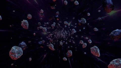 Looping Asteroid field hurtling through space with light trails Stock Footage 308958538