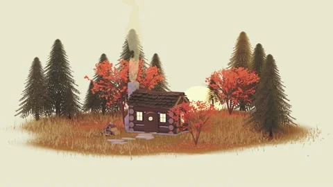 Looping Autumn Fall Cabin in woods with smoke Stock Footage 220523175