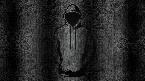 Looping Black and White Digital Hacker Silhouette in Binary Code Background Stock Footage 324894251