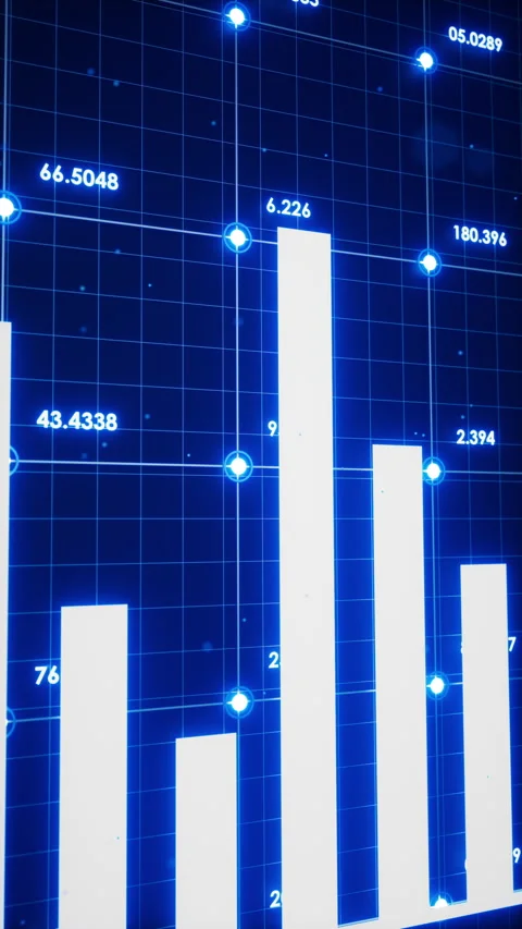 Looping blue digital grid with 3D bars and glowing data points Stock Footage 348020056