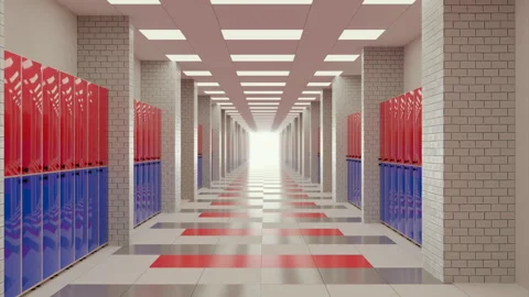 Looping camera flythrough, empty school hallway corridor, colorful lockers Stock Footage 312073679