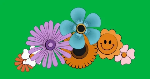 Looping cluster showing six cartoon flowers in curved row against transparent Stock Footage 317283708
