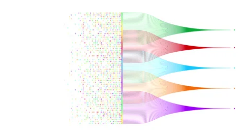 Looping data lines merge in to binary, symbolizing AI and big data Stock Footage 314420844