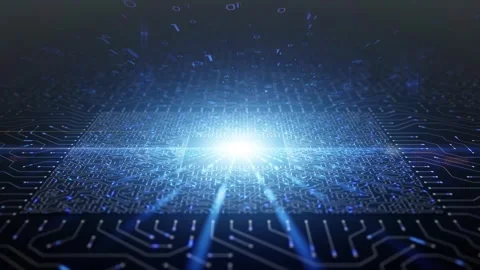Looping digital binary data network with motherboard background Stock Footage 346888192