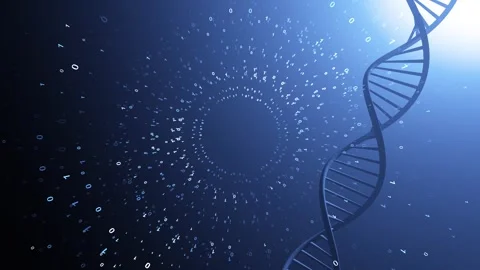Looping digital binary numbers with dna chain rotation Stock Footage 339707676
