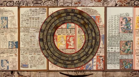 Looping Dresden Codex and Mayan rotary calendar Stock Footage 7731422