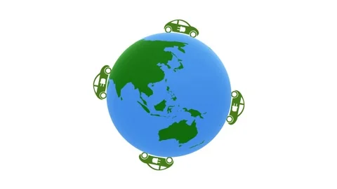 Looping electric car driving around green earth planet 動画素材 334077665