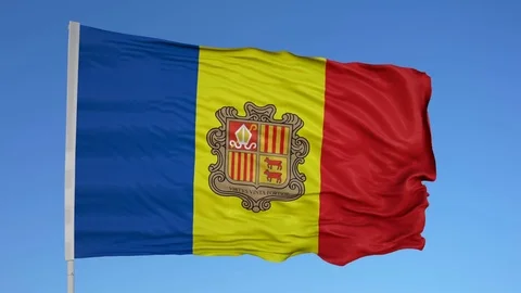 Looping flag for Andorra  on flag pole, blowing beautifully in the wind. Stock Footage 79760031