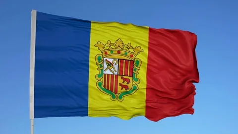 Looping flag for Andorra  on flag pole, blowing beautifully in the wind. 스톡 동영상 79760523