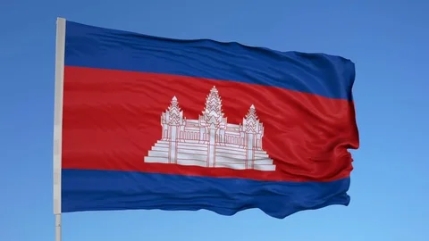 Looping flag for Cambodia on flag pole, blowing beautifully in the wind. Stock Footage 79752411