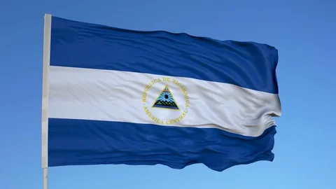Looping flag for Nicaragua on flag pole, blowing beautifully in the wind. Stock Footage 79793211