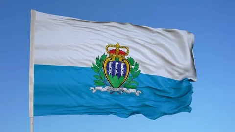 Looping flag for San Marino  on flag pole, blowing beautifully in the wind. Stock Footage 79789664