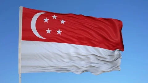 Looping flag for Singapore on flag pole, blowing beautifully in the wind. Stock Footage 79785432