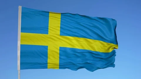 Looping flag for Sweden on flag pole, blowing beautifully in the wind. Includes Stock Footage 79785726