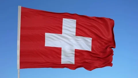 Looping flag for Switzerland on flag pole, blowing beautifully in the wind. Stock Footage 79785738
