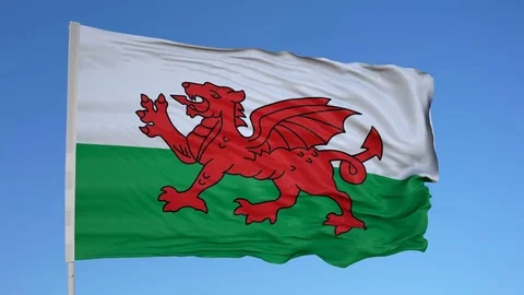 Looping flag for Wales on flag pole, blowing beautifully in the wind. Includes Stock Footage 79804279