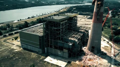 Looping FPV drone aerial shot of the destroyed obsolete oil-fired thermal power Stock Footage 314949166