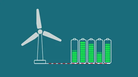 Looping graphic animation, capturing clean wind energy and storing it. Stock Footage 262671938