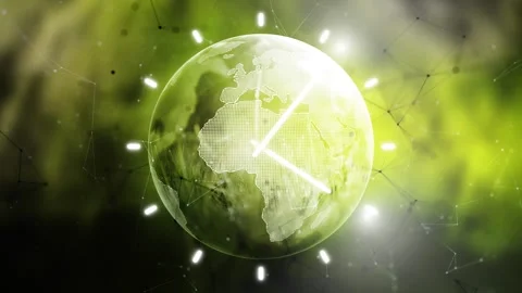 Looping green earth planet environment with time clock animation Stock Footage 339710848