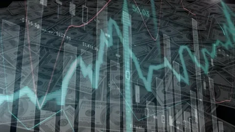 Looping layered chart animating over dollar bills, line peaking 50 Stock Footage 335234942