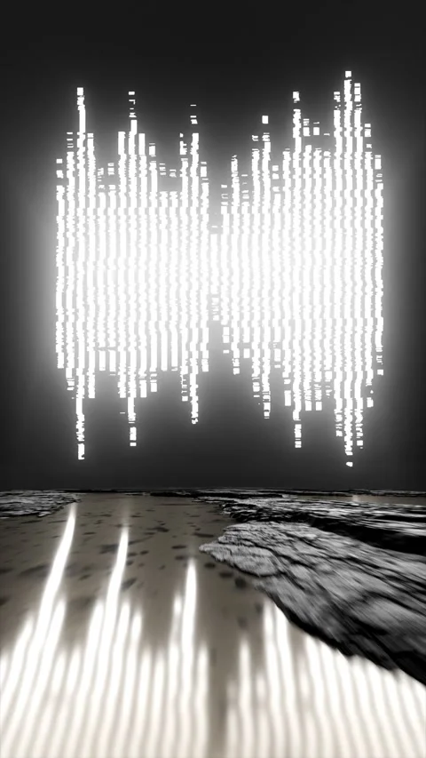 Looping music background, glowing waveform, rocky ground and reflective water Stock Footage 286143998