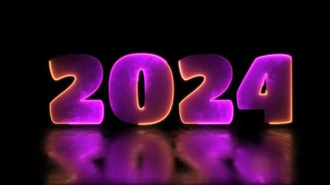 Looping neon glow effect 2024 new year icons, black background. Stock Illustration