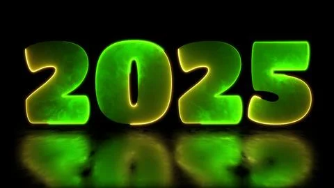 Looping neon glow effect 2025 new year icons, black background. Stock Illustration
