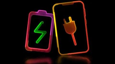 Looping neon glow effect Battery charger and phone icon, black background Иллюстрация