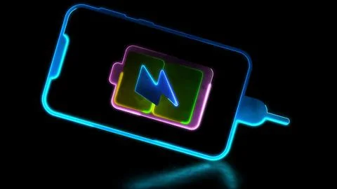 Looping neon glow effect Battery charger and phone icon, black background Stock Illustration
