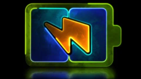 Looping neon glow effect Battery charger icon, black background Stock Illustration