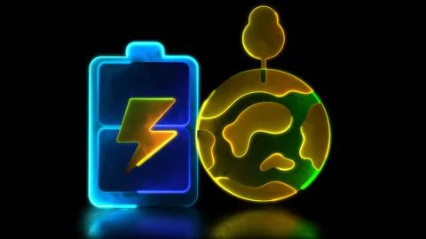 Looping neon glow effect Battery charger icon and earth, clean energy, blac.. Ilustração Stock