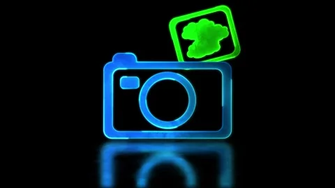 Looping neon glow effect camera icon, black background 스톡 동영상 263782936