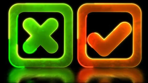 Looping neon glow effect Check mark correct icon with cross icon. Black bac.. Stock Illustration