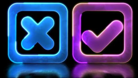 Looping neon glow effect Check mark correct icon with cross icon. Black bac.. Stock Illustration