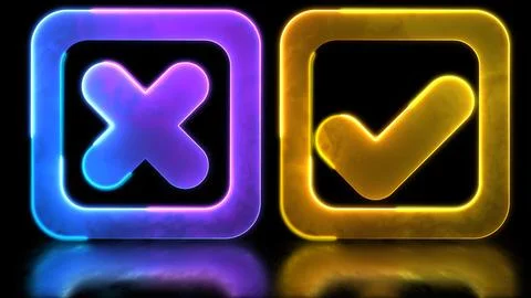 Looping neon glow effect Check mark correct icon with cross icon. Black bac.. Stock Illustration