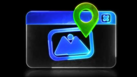 Looping neon glow effect Check-in photo icon, black background Stock Illustration