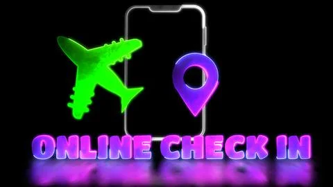 Looping neon glow effect Flight check-in icon, black background Illustrazione stock