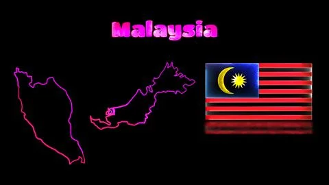 Looping neon glow effect icons, national flag of Malaysia and map, black ba.. Stock Illustration
