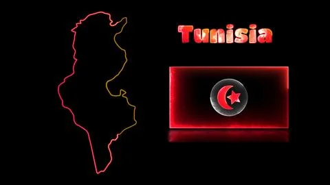 Looping neon glow effect icons, national flag of Tunisia and map, black bac.. Stock Illustration
