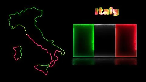 Looping neon glow effect icons, national flag of Italy and map, black backg.. Stock Illustration
