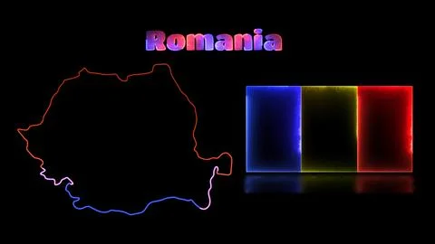 Looping neon glow effect icons, national flag of Romania and map, black bac.. Stock Illustration