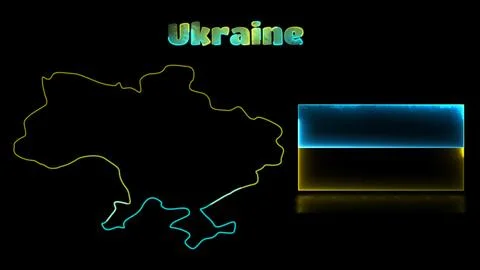 Looping neon glow effect icons, national flag of Ukraine and map, black bac.. Stock Illustration