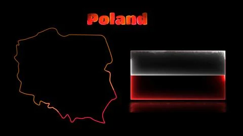Looping neon glow effect icons, national flag of Poland and map, black back.. Stock Illustration