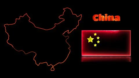 Looping neon glow effect icons, national flag of China and map, black backg.. Stock Illustration